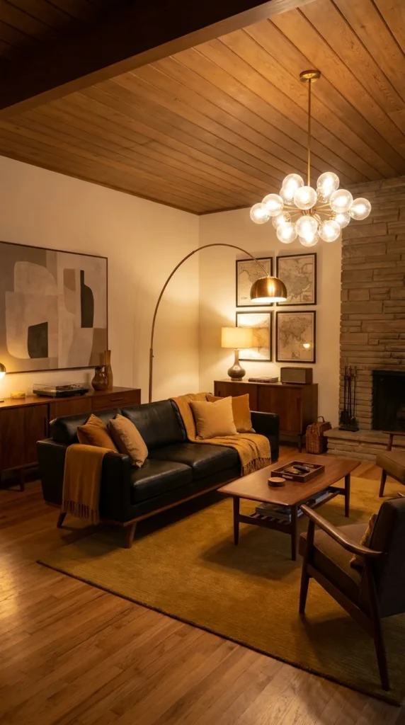 black leather sofa mid-century living room