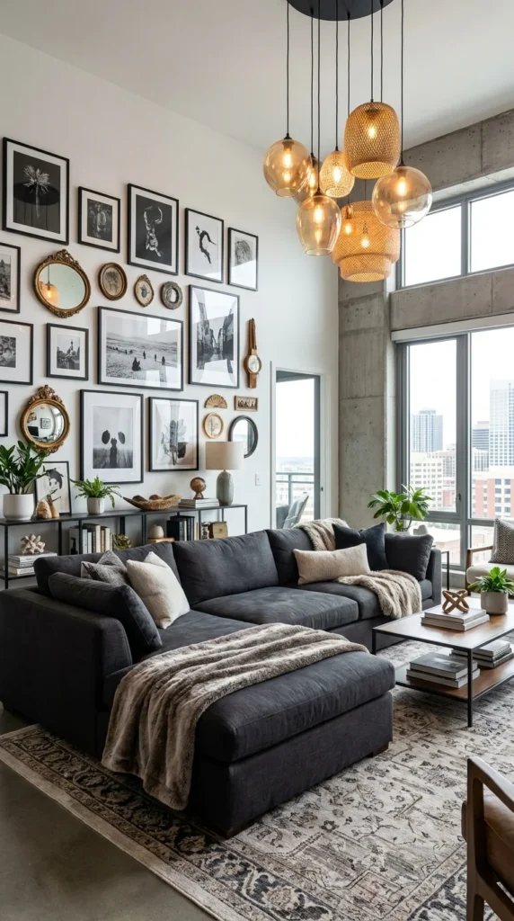 black sectional sofa gallery wall