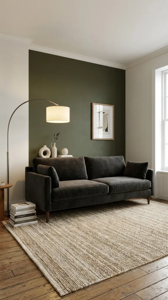 black sofa accent wall living room