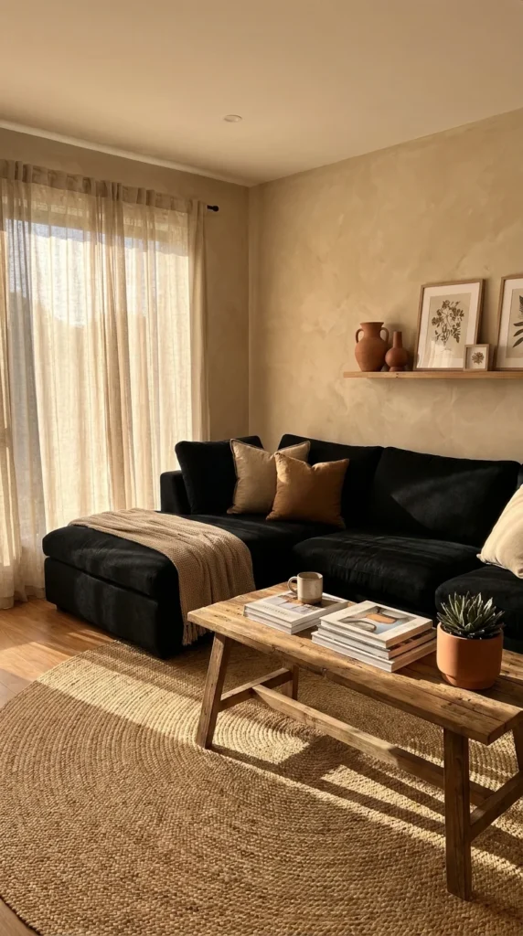 black sofa beige walls living room