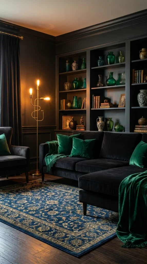 black sofa jewel tones living room