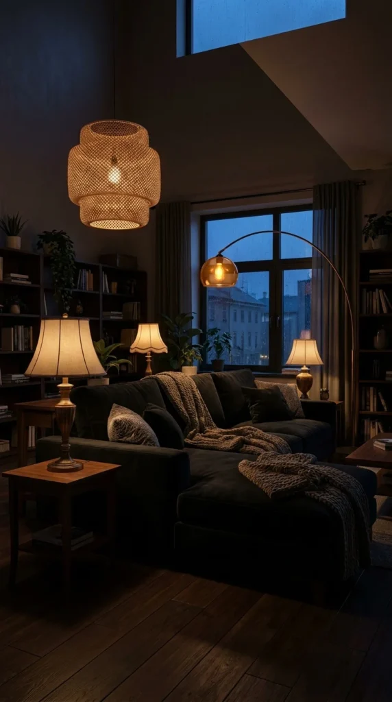 black sofa layered lighting living room