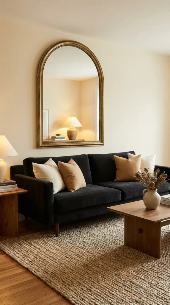 black sofa statement mirror living room