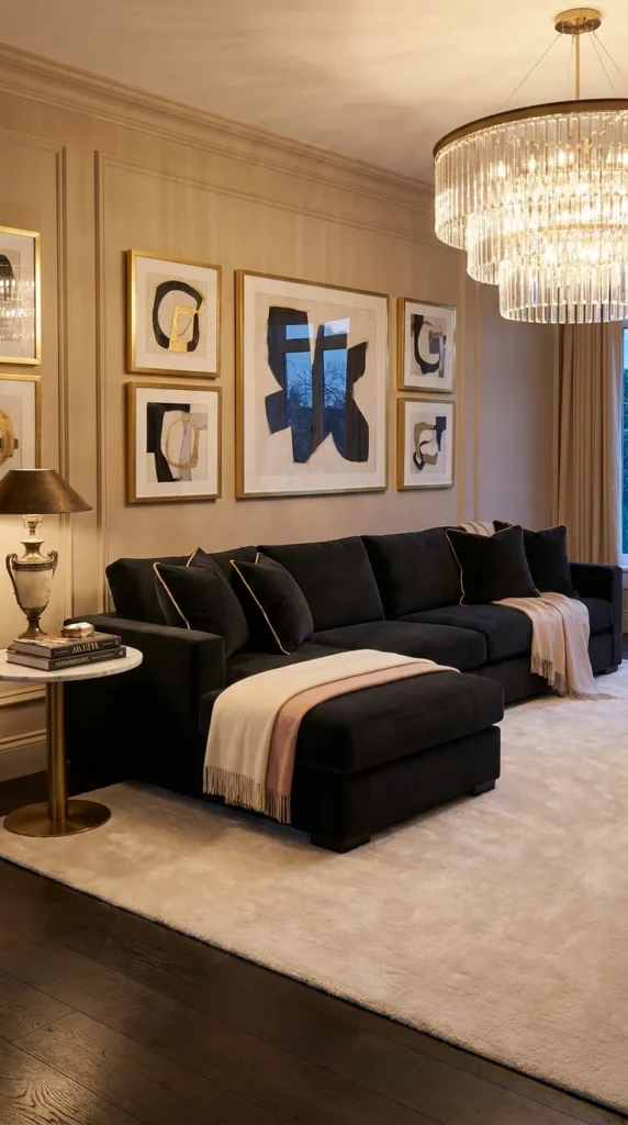 black velvet sofa gold accent living room