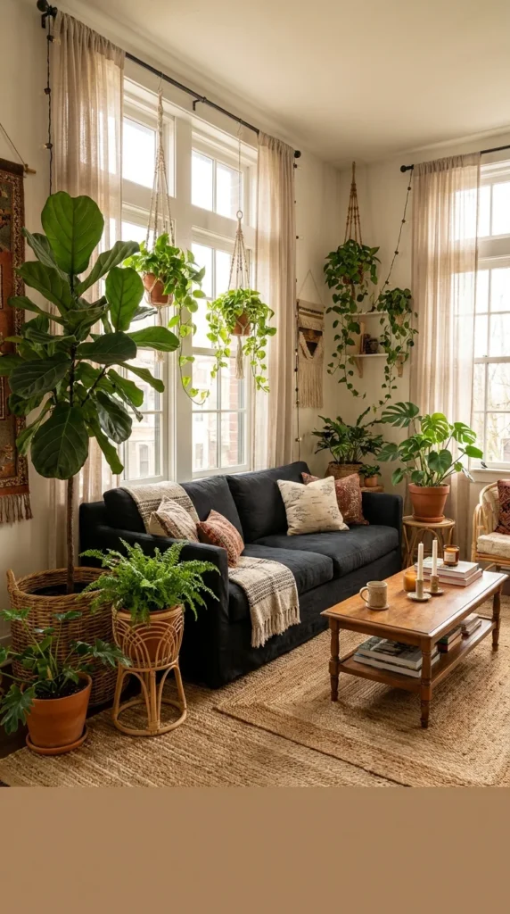 boho living room black sofa plants