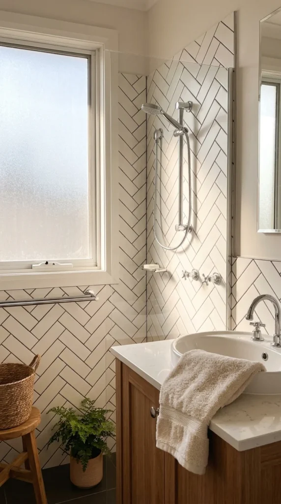 herringbone subway tile bathroom
