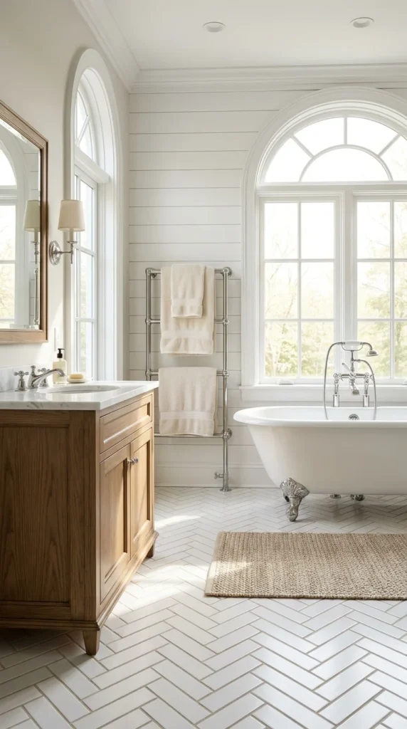 herringbone tile bathroom floor