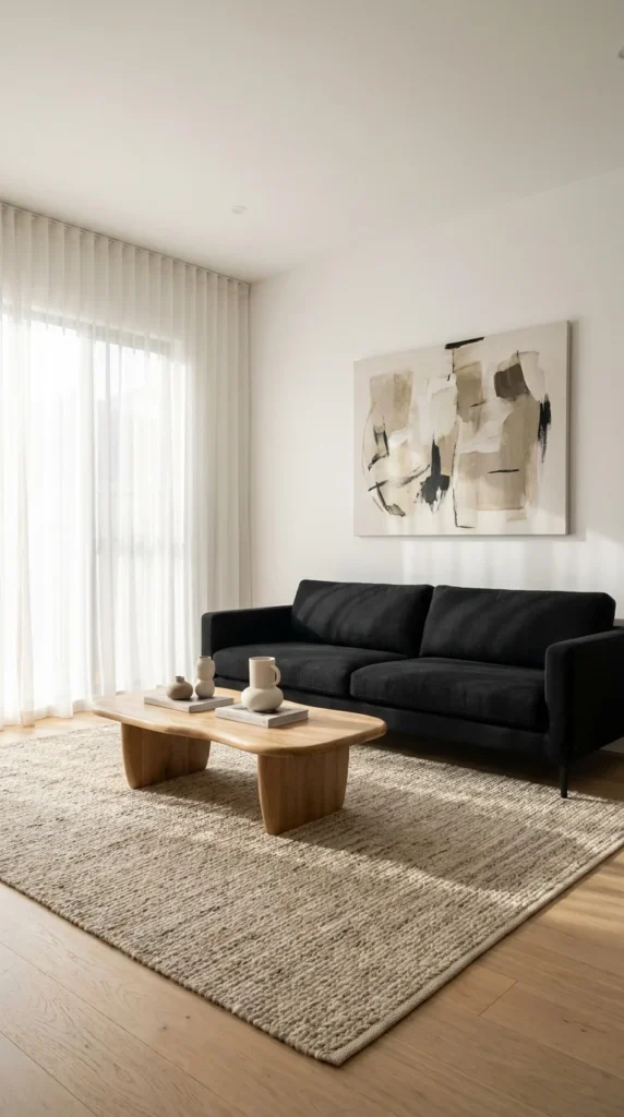 minimalist black sofa white walls