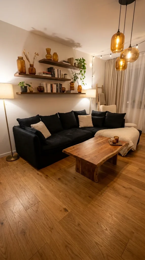 modern black sofa wood accents living room