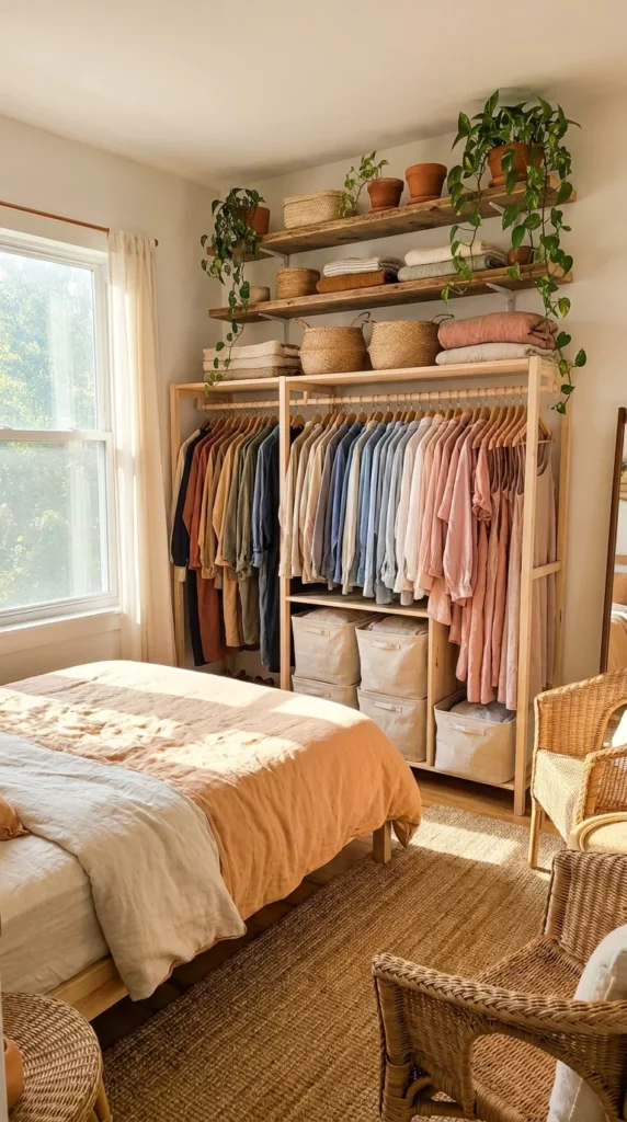 open closet wall bedroom boho