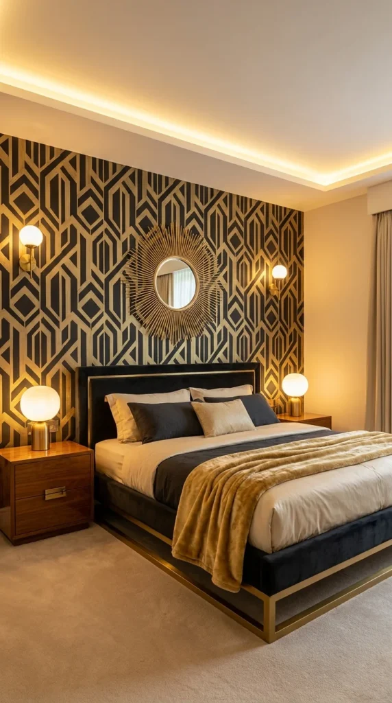 Art deco black gold wallpaper bedroom