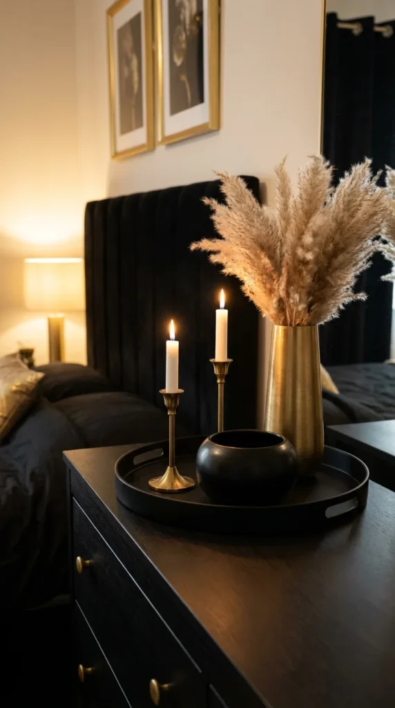 Black gold dresser tray styling