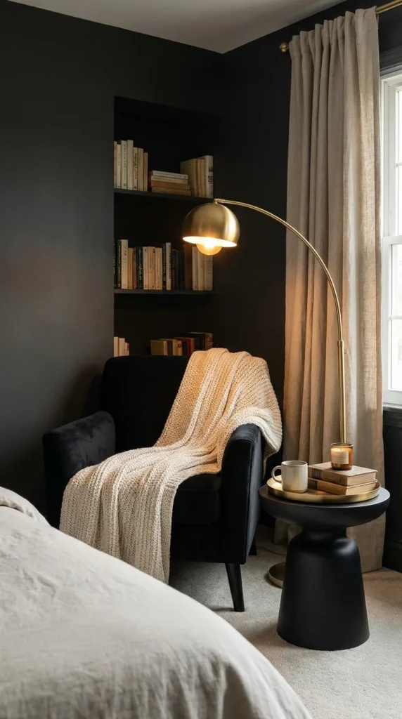 Black gold reading nook bedroom