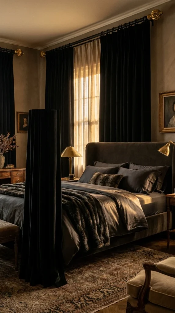 Black velvet curtains gold rod bedroom