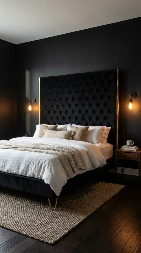 Black velvet headboard gold bedroom