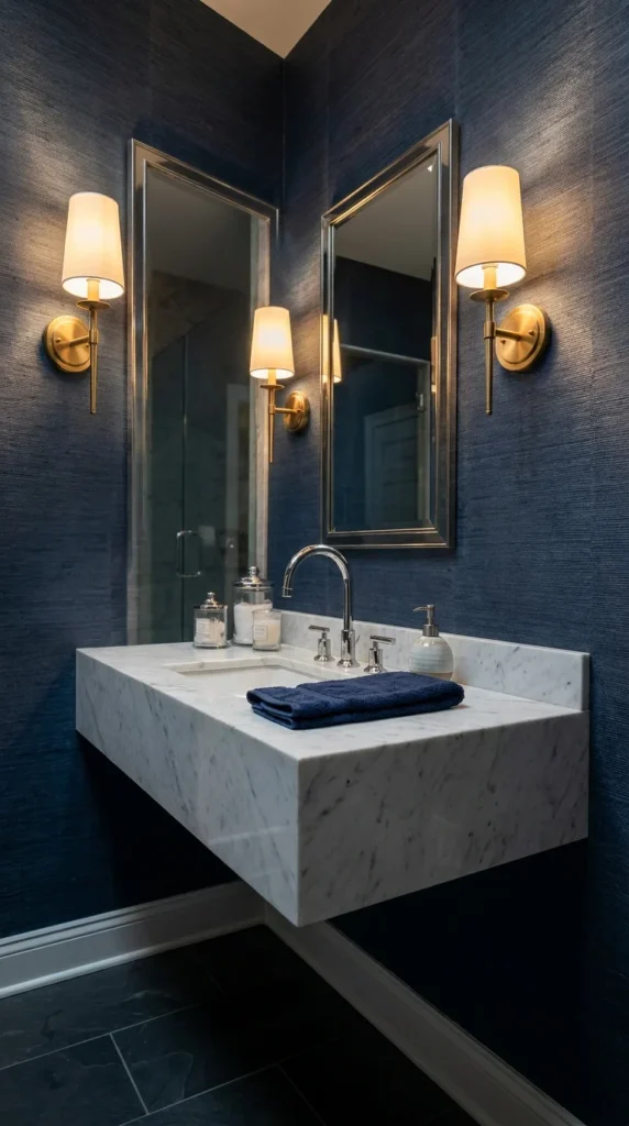 Blue grasscloth wallpaper white bathroom