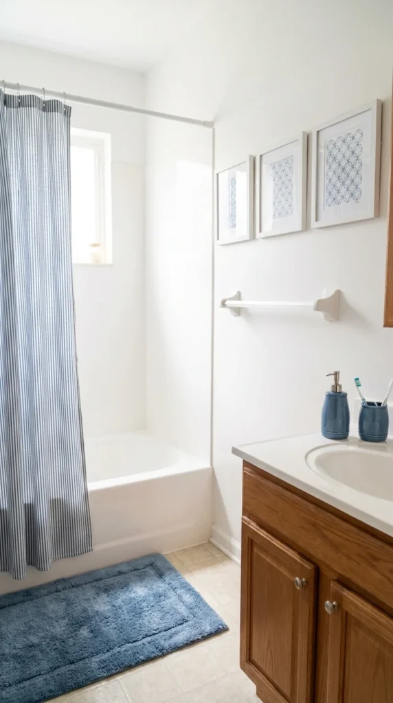 Blue white budget bathroom refresh accessories