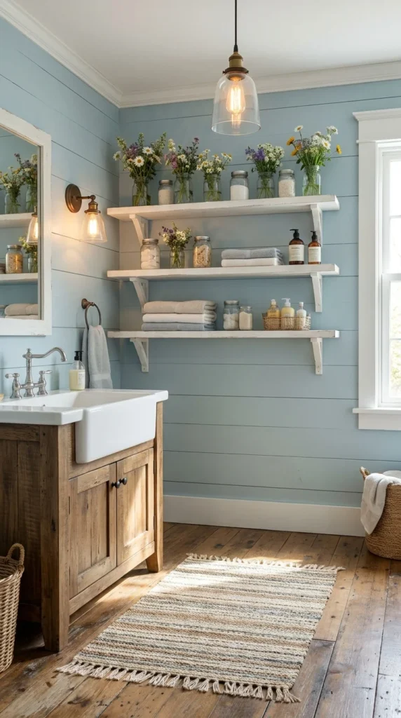 Blue white farmhouse shiplap bathroom