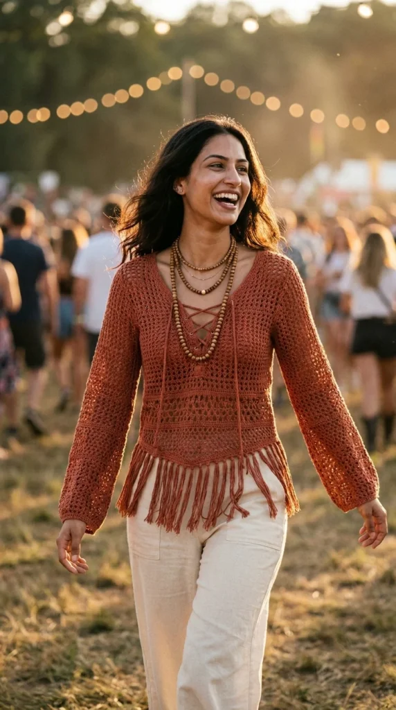 Boho fringe crochet blouse women
