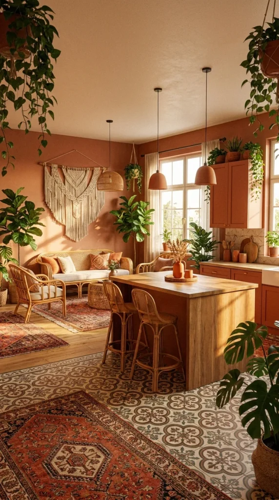 Boho open kitchen living room ideas