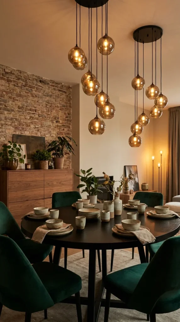 Clustered pendant lights dining room