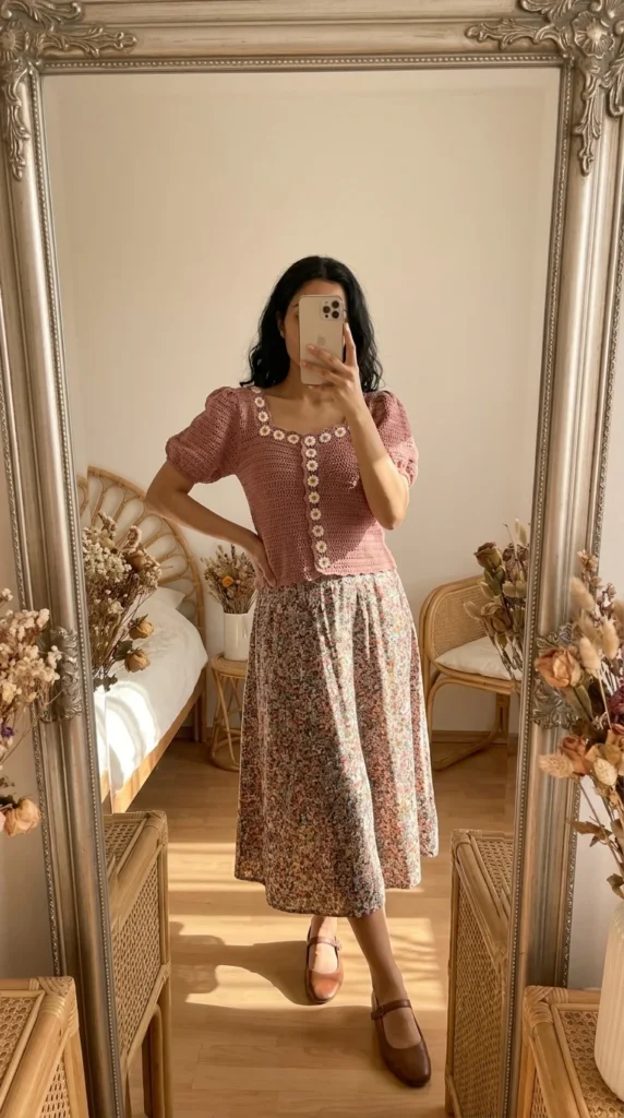 Cottagecore crochet blouse puff sleeve