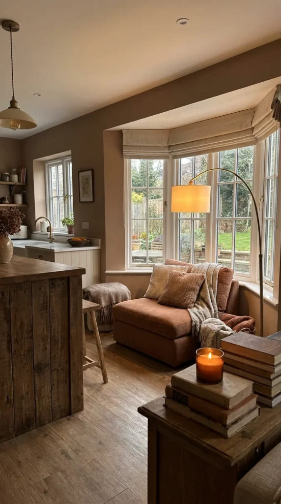 Cozy open plan kitchen living room nook