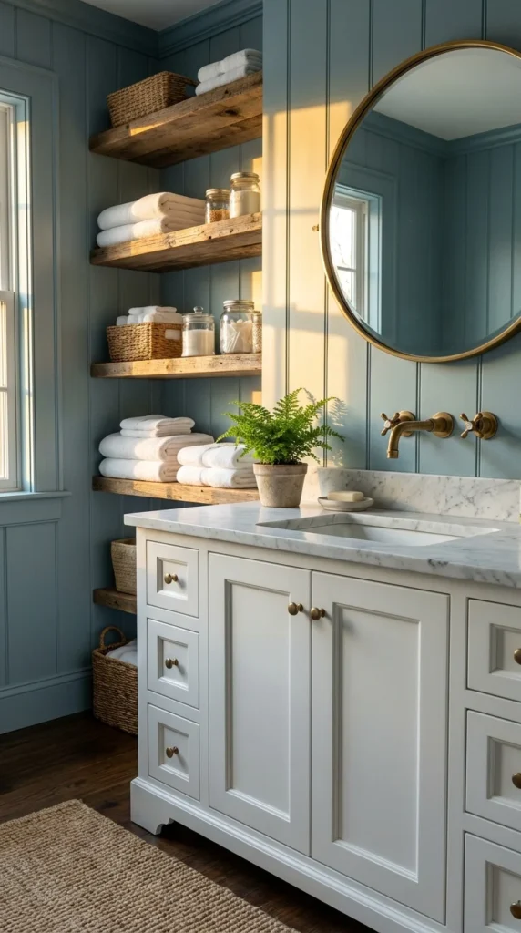 Duck egg blue white brass bathroom