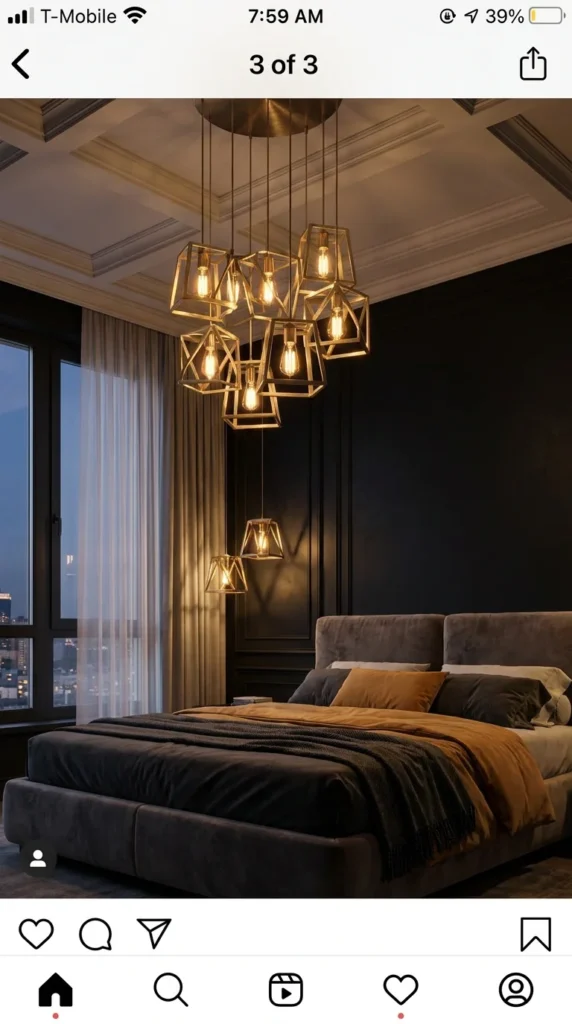 Gold chandelier black bedroom