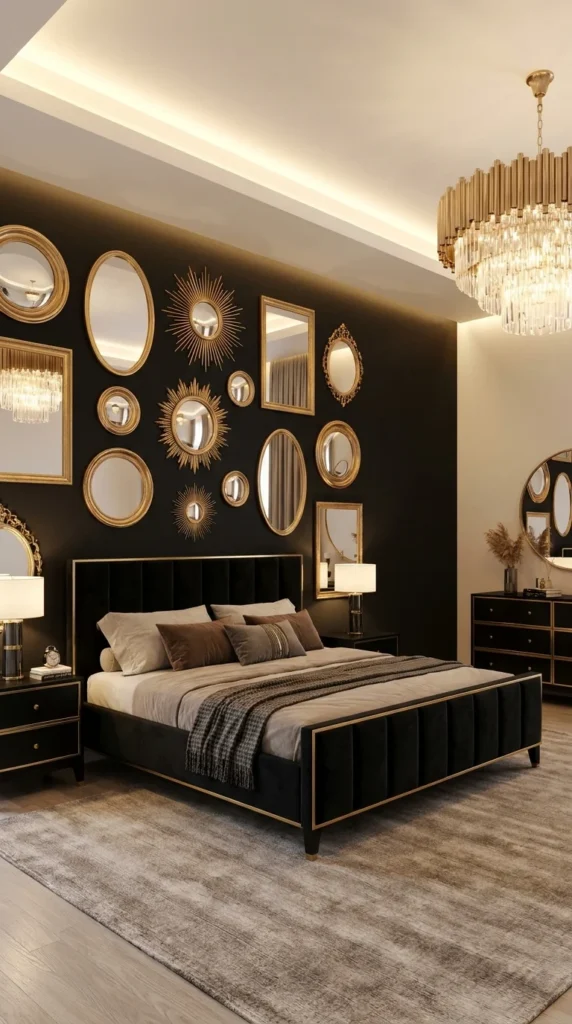 Gold framed mirror bedroom wall