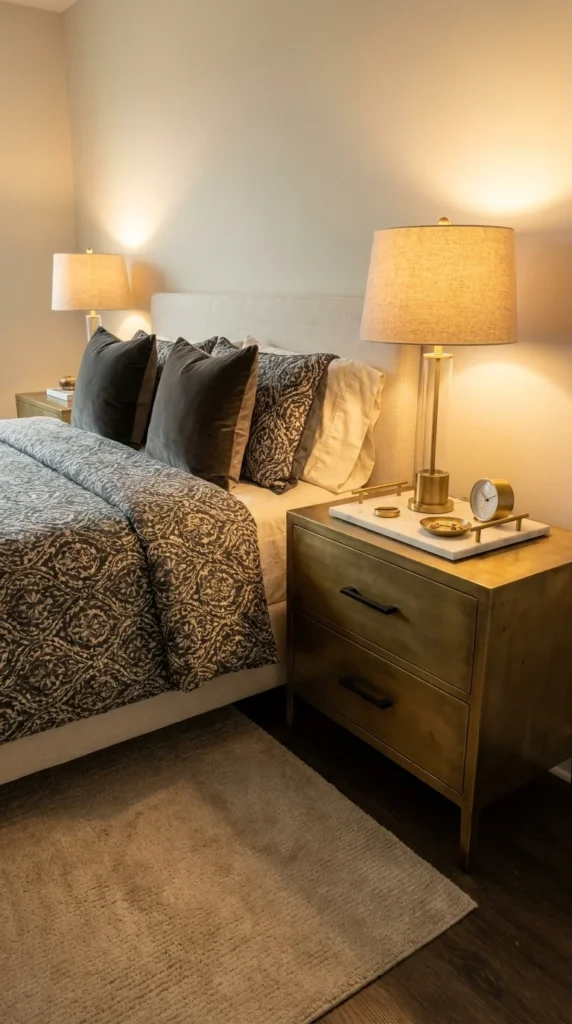 Gold nightstand black bedroom decor