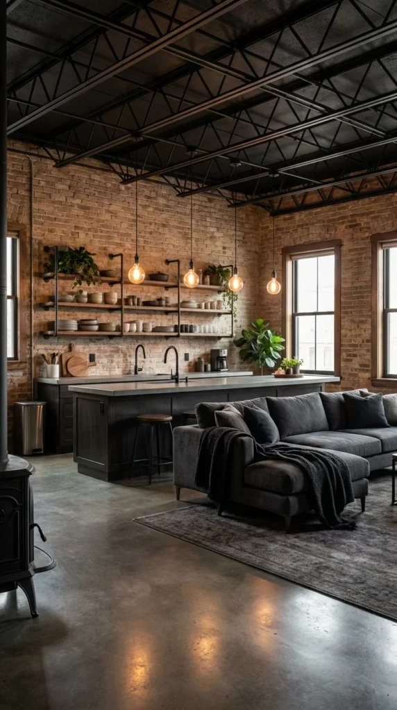 Industrial open kitchen living room decor