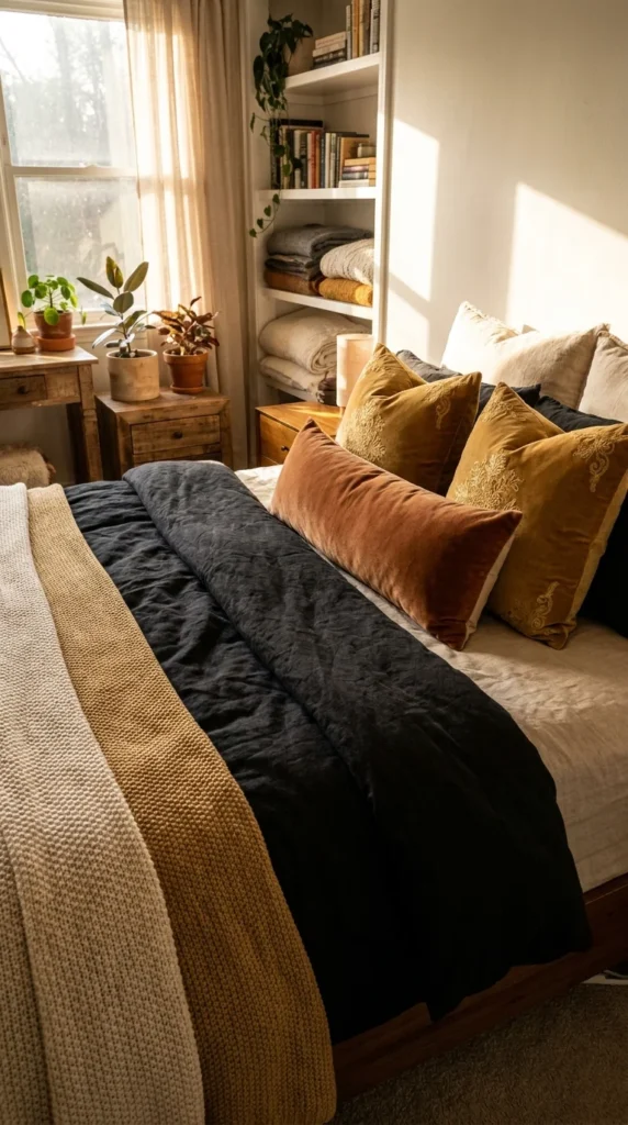 Layered black gold bedding