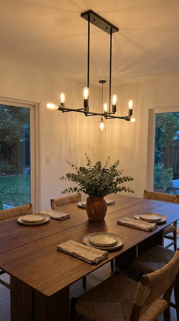 Linear chandelier dining room