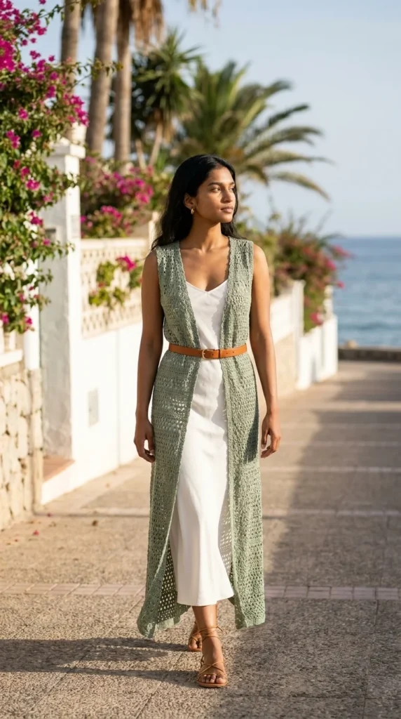 Long crochet duster vest women