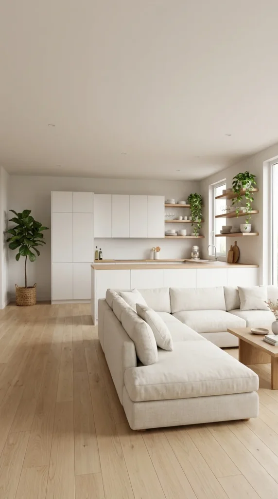 Minimalist open kitchen living space greenery