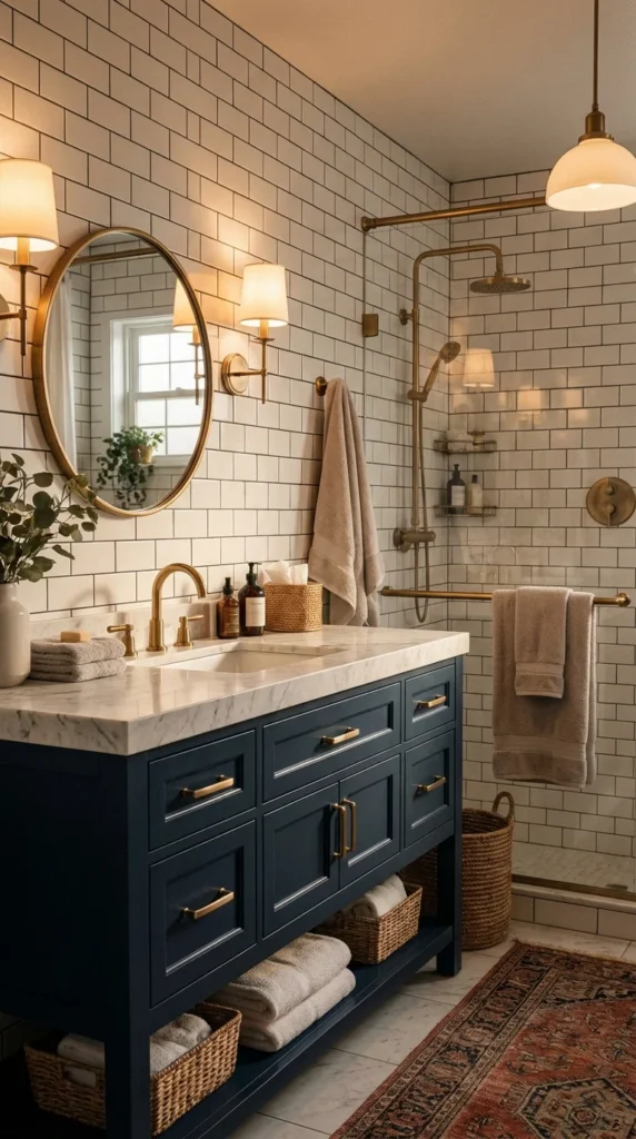 Navy blue white bathroom vanity