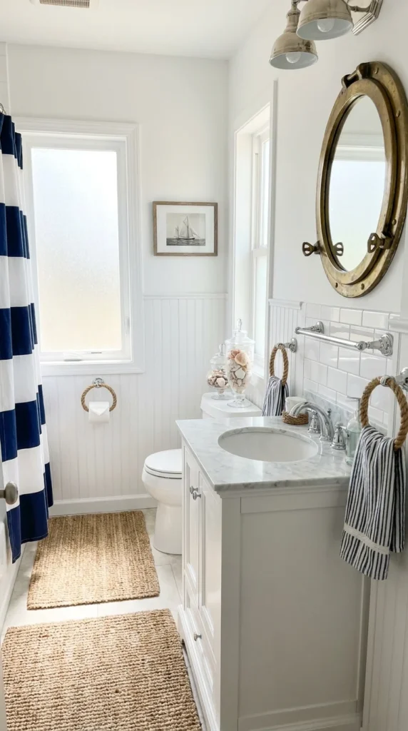 Navy white nautical bathroom stripes