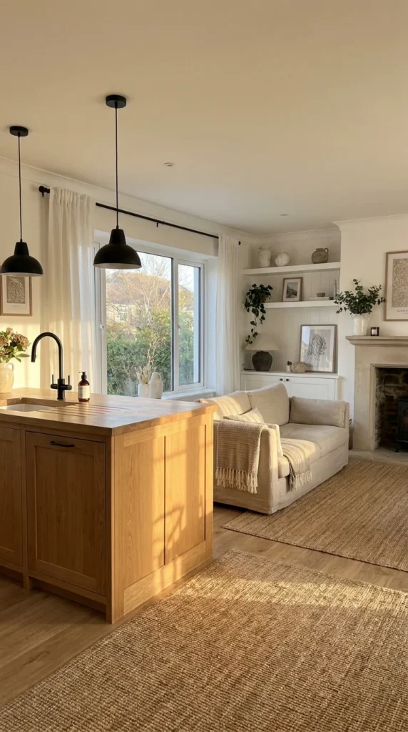 Open kitchen living room ideas neutral wood island