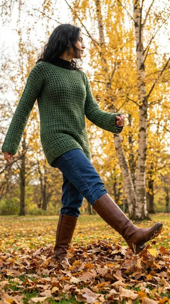 Open knit crochet tunic women long sleeve
