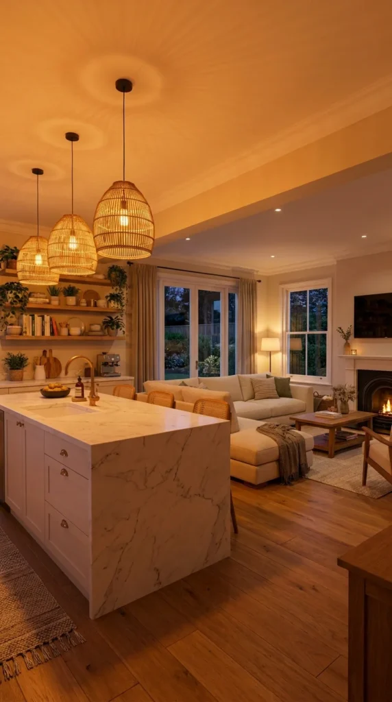 Pendant lights open kitchen living room