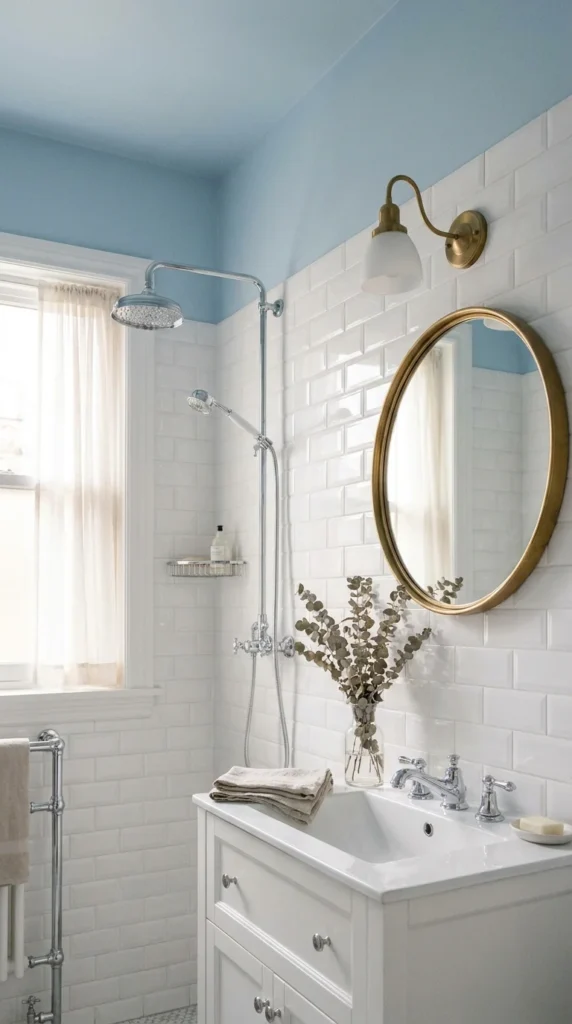 Powder blue ceiling white bathroom