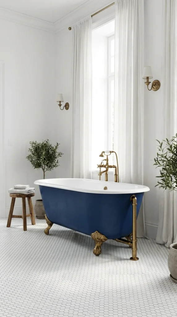 Sapphire blue freestanding bathtub white