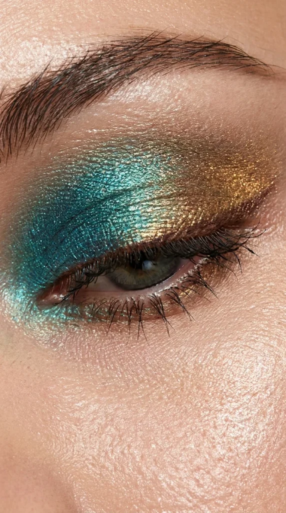 Teal gold duochrome eye makeup