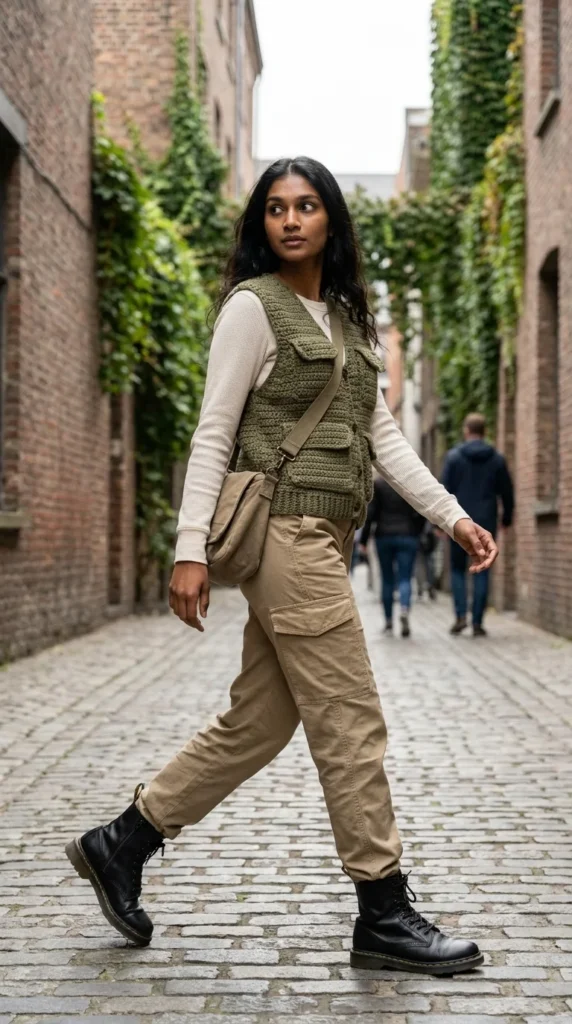 Utility crochet vest layering outfit
