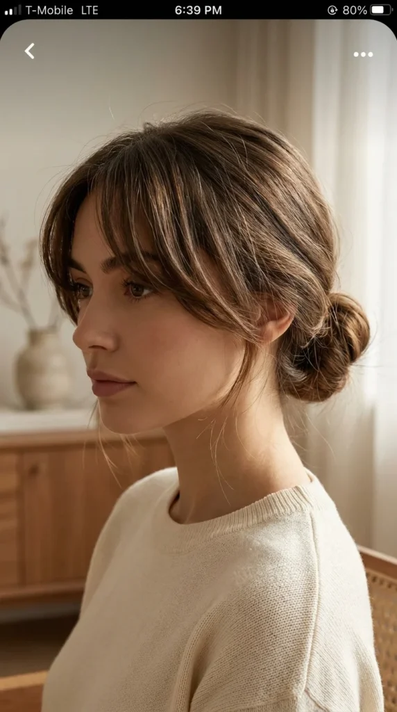 curtain bangs low bun updo
