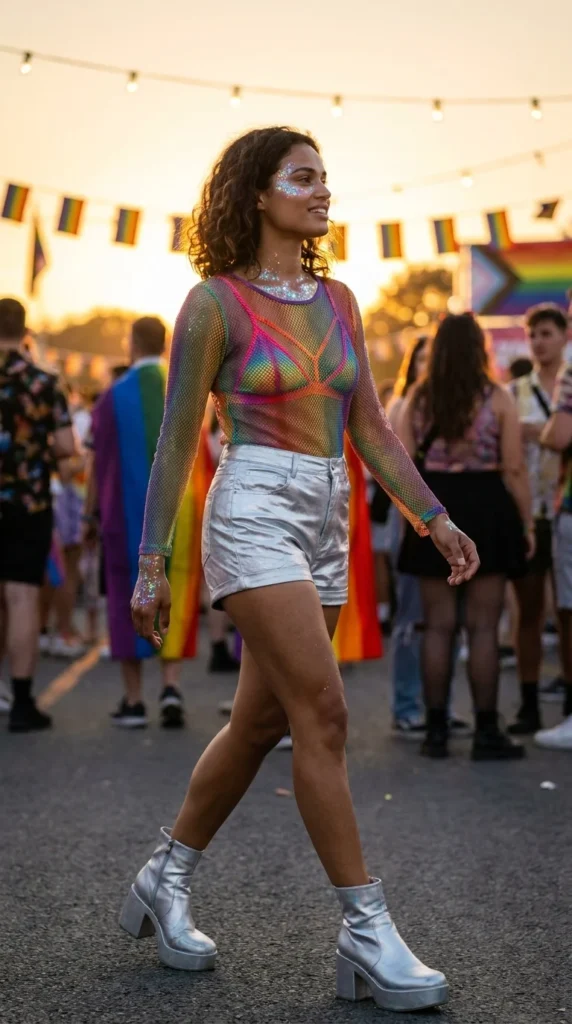 glitter mesh top Pride festival outfit