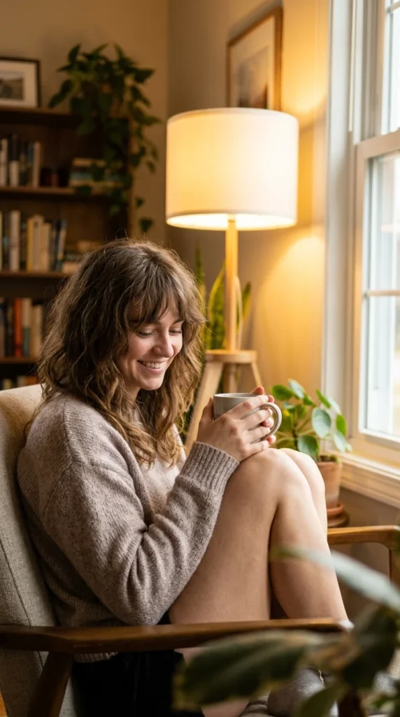 grown-out curtain bangs styled