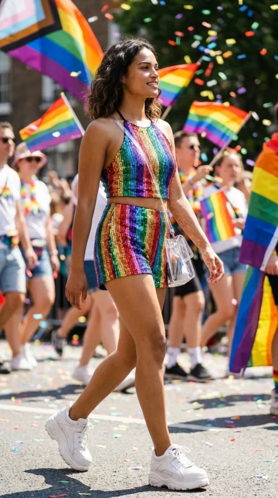 rainbow sequin Pride festival outfit
