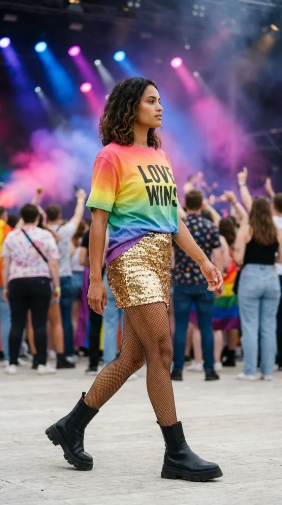 sequin skirt Pride outfit graphic tee
